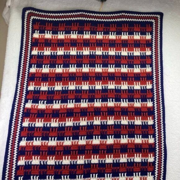 Vintage Crocheted Afghan 54" x 38"Throw Blanket Patriotic Red White Blue - Picture 3 of 11
